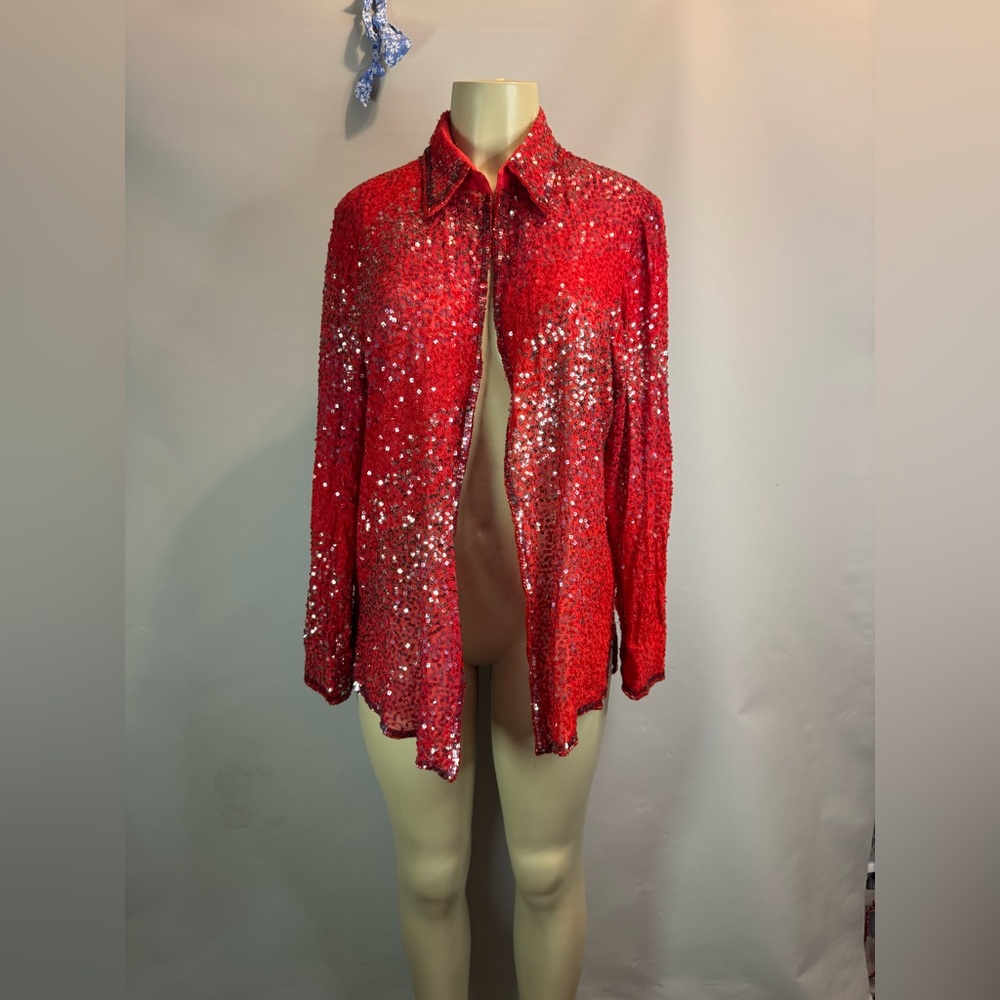 Vintage Anage Cardigan Shiny Red Sequins 100% Silk Hook & Eye Front Womens XL